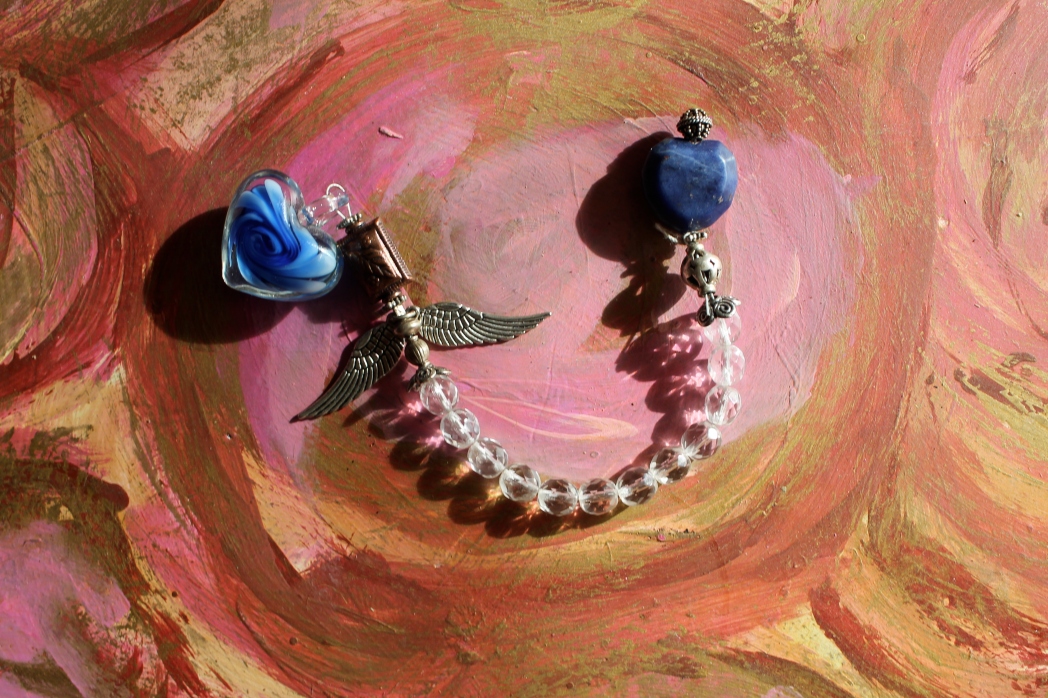 Sacred Heart Angel Pendulum ~ sodalite, sterling,crystal glass beads, copper bead, pewter angel wings