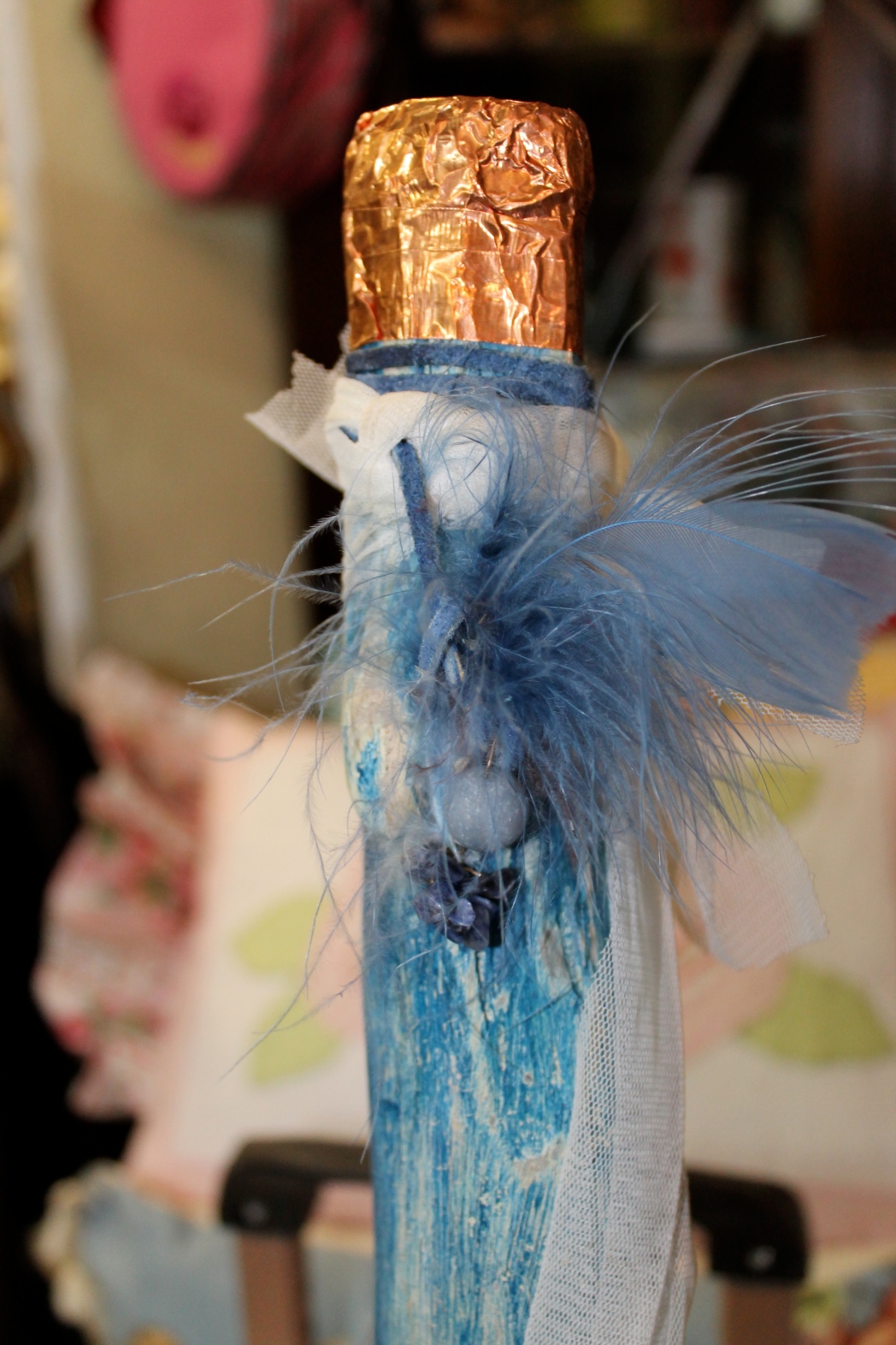 detail of indigo balance with angelite, sodalite copper, blue feathers & leather